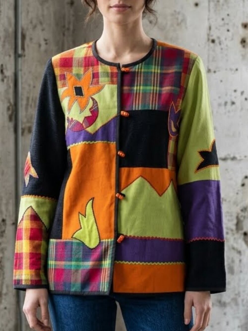Alex Kim Floral Patchwork Jacket Art To Wear Vintage 90s Embroidered Plaid Large